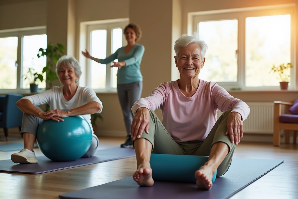 Seniors en couple pratiquant le pilates avec matériel dans un centre de bien-être