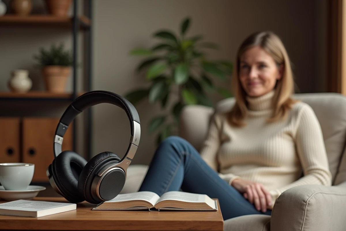 Casque Sennheiser Momentum 4 posé sur une table en bois illustrant sa fidélité sonore et sa longue autonomie