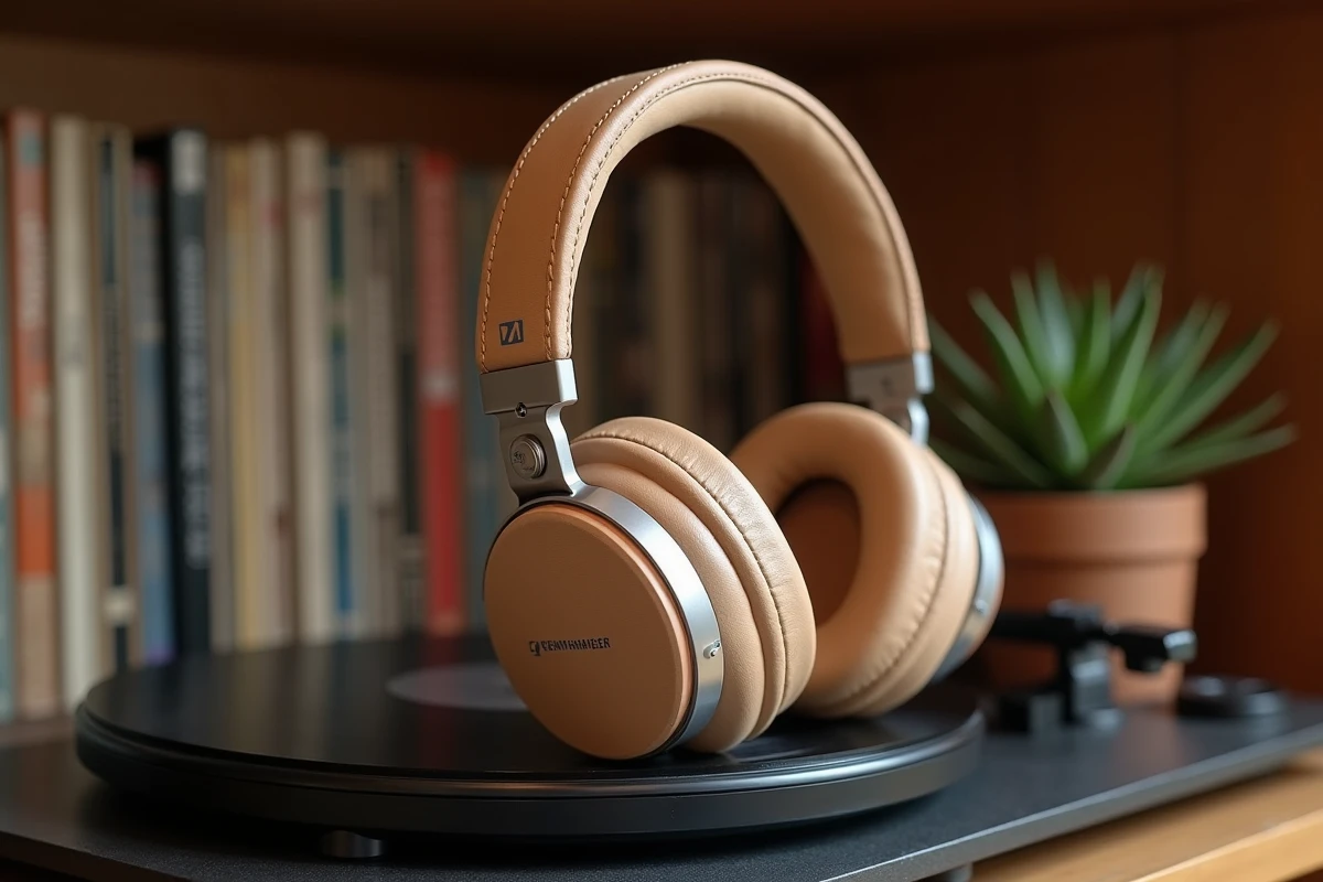 Casque Sennheiser Momentum 4 Wireless beige posé sur une platine vinyle dans une ambiance audiophile chaleureuse