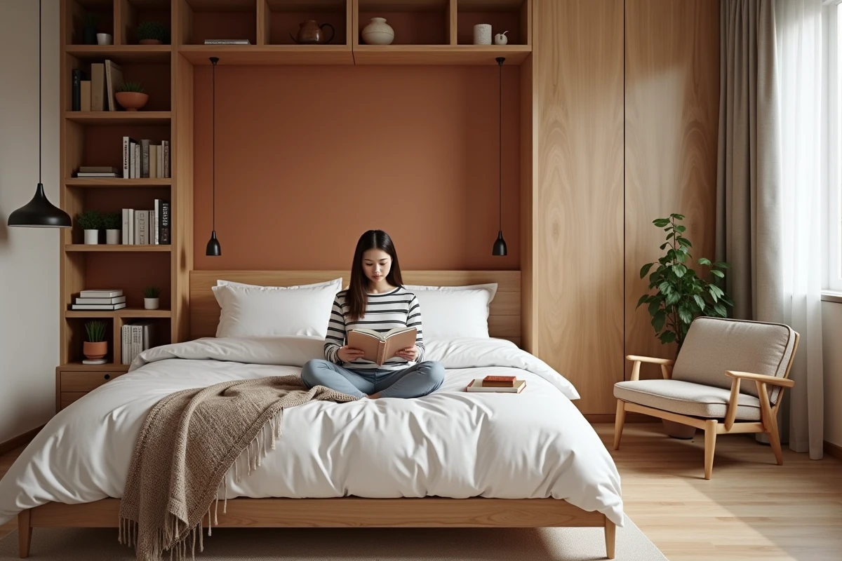 Studio séparé par une bibliothèque ouverte créant un coin nuit cosy et bien délimité