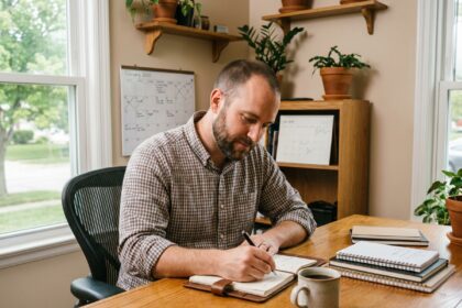 homme déterminé écrivant dans un journal avec un plan d'arrêt du cannabis organisé sur un bureau