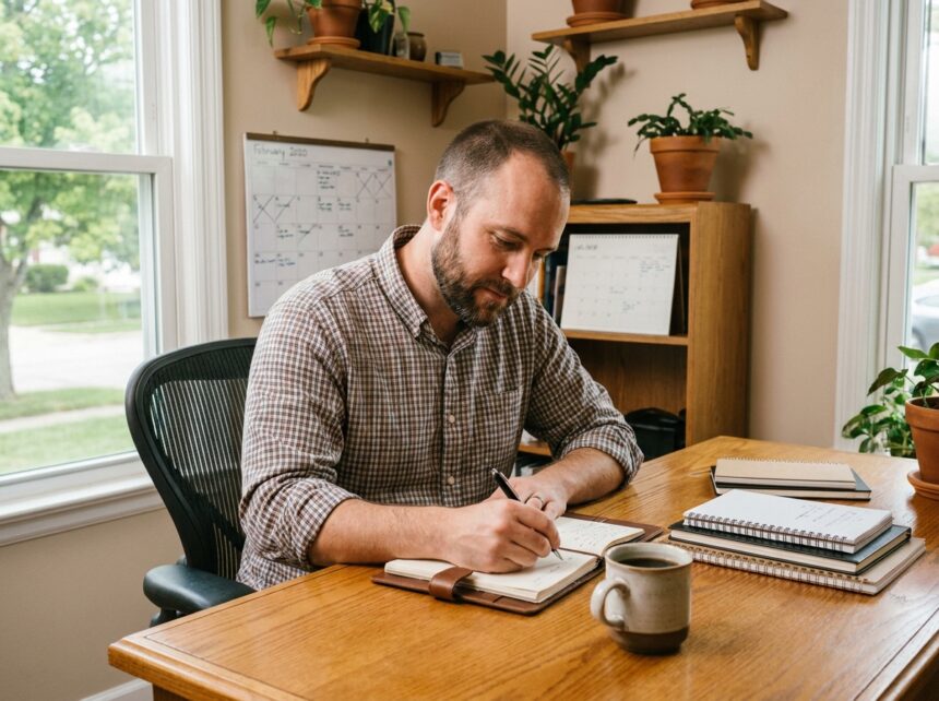 homme déterminé écrivant dans un journal avec un plan d'arrêt du cannabis organisé sur un bureau