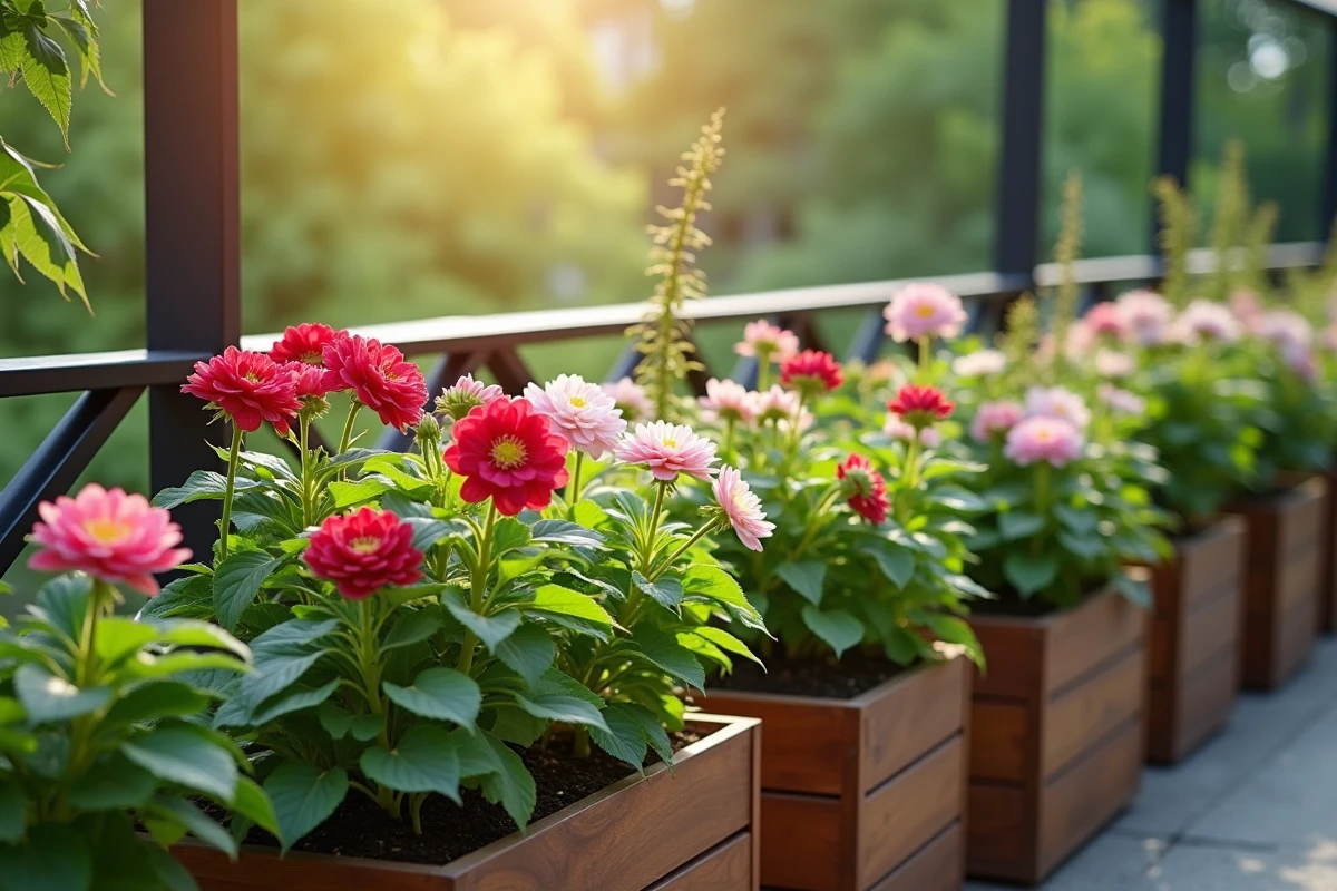Hellébores et astilbes fleurissant sur un balcon ombragé avec exposition nord