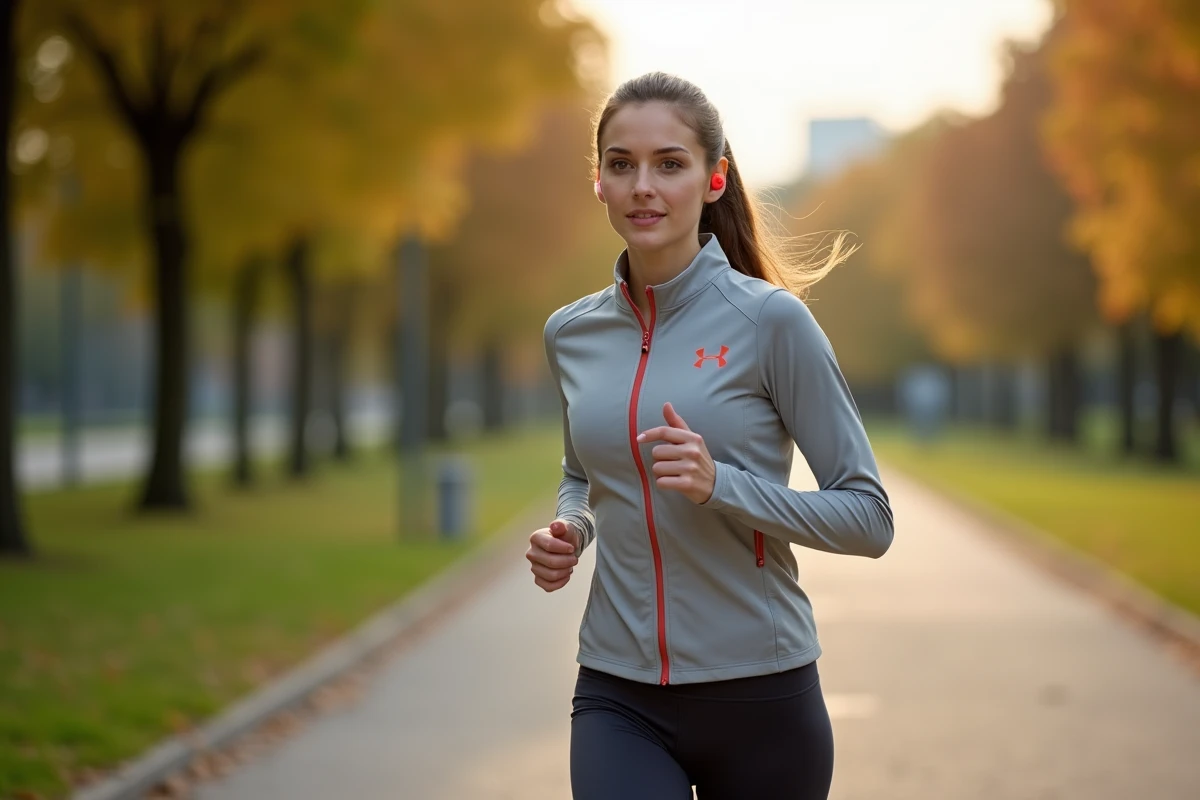 Femme portant le casque Shokz OpenFit 2 open-ear en cours de jogging dans un parc urbain verdoyant
