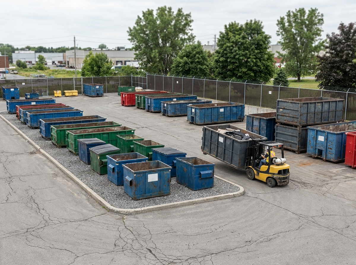 Site de gestion des déchets industriels avec bennes et conteneurs spécialisés organisés en rangées