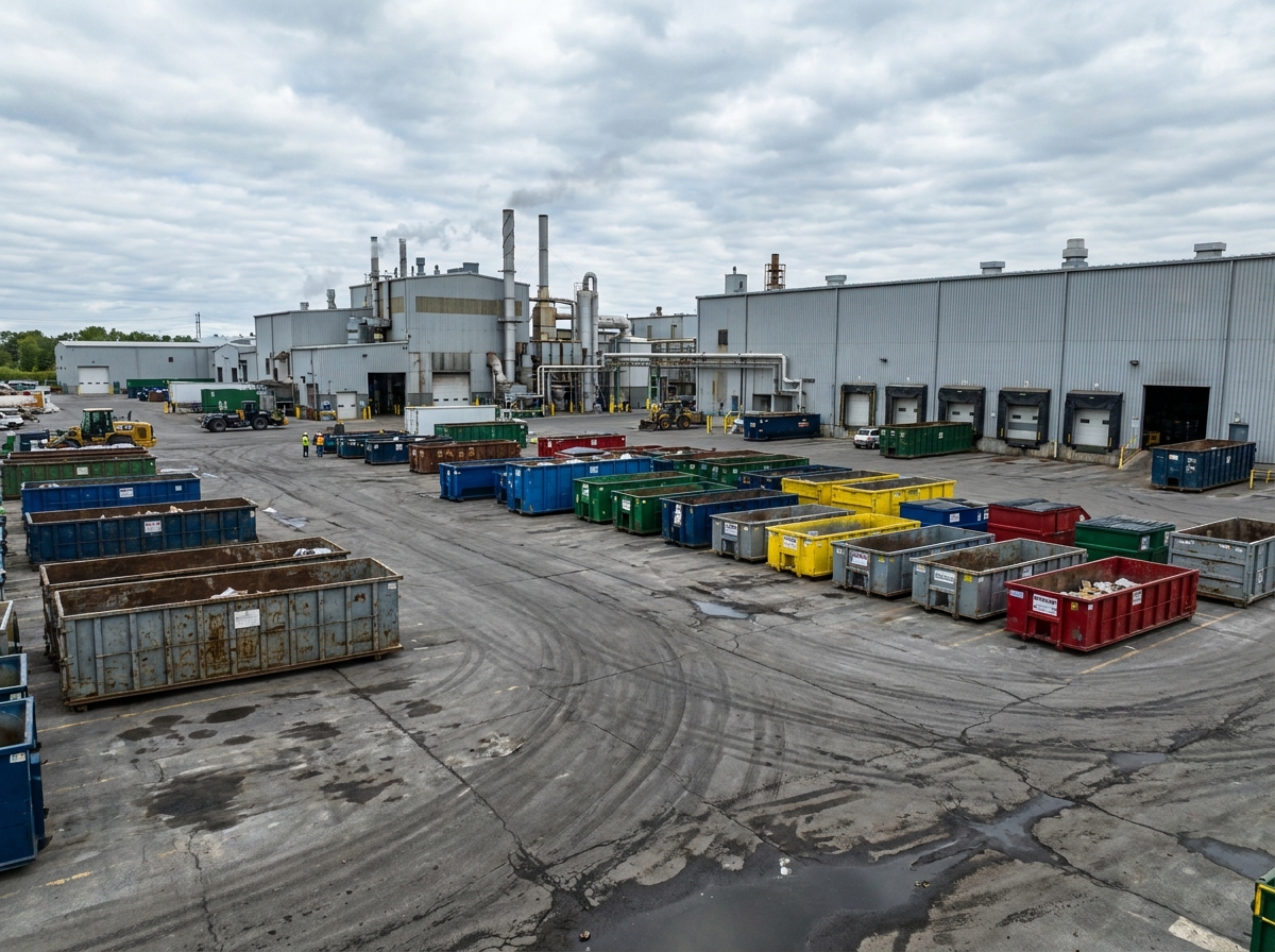 Site industriel avec plusieurs bennes de gestion des déchets organisées pour le tri et la collecte des matériaux
