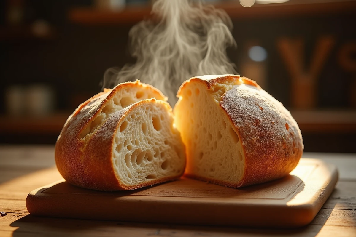 Pain au levain tranché révélant l'intérieur moelleux et la mie alvéolée