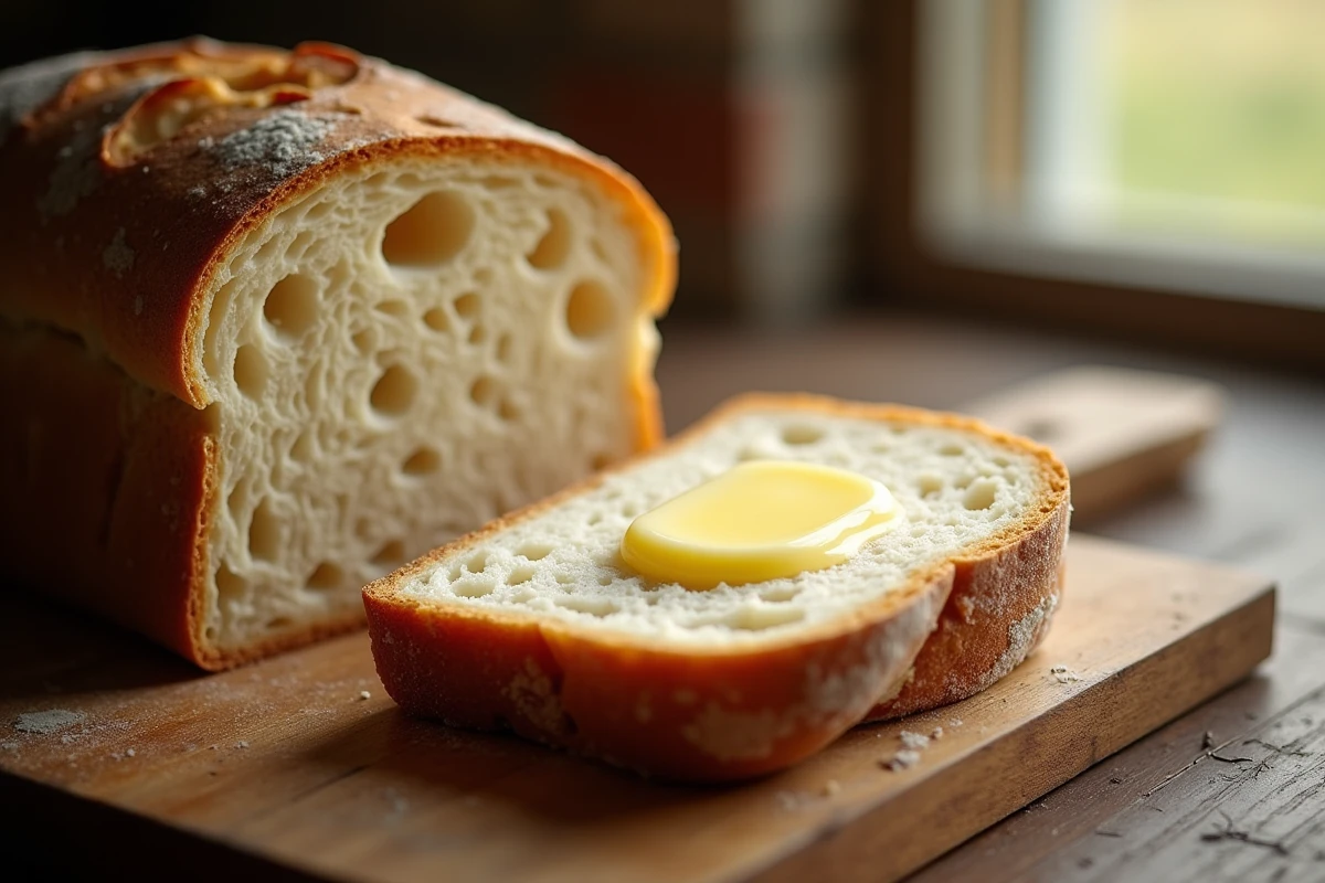 pain au levain tranché révélant la mie aérée avec beurre fondu