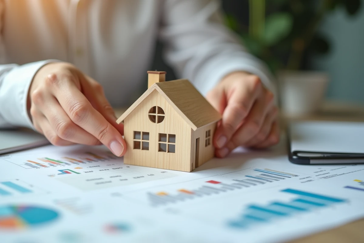 Mains tenant une maquette de maison sur des documents financiers symbolisant l'investissement immobilier en SCPI