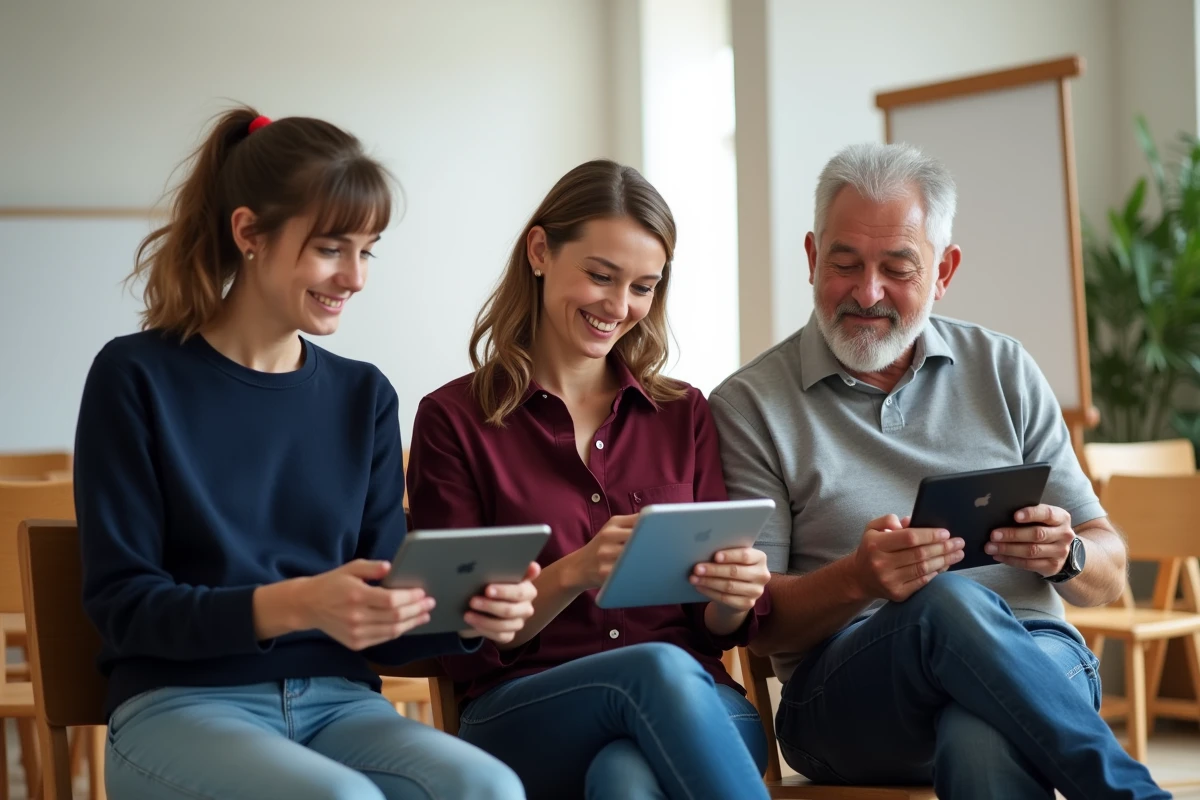 Groupe intergénérationnel utilisant l'application Smiling Mind dans une salle communautaire