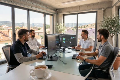 Équipe d'infogérance informatique dans un bureau moderne en Provence-Alpes-Côte d'Azur autour de tableaux de bord réseau