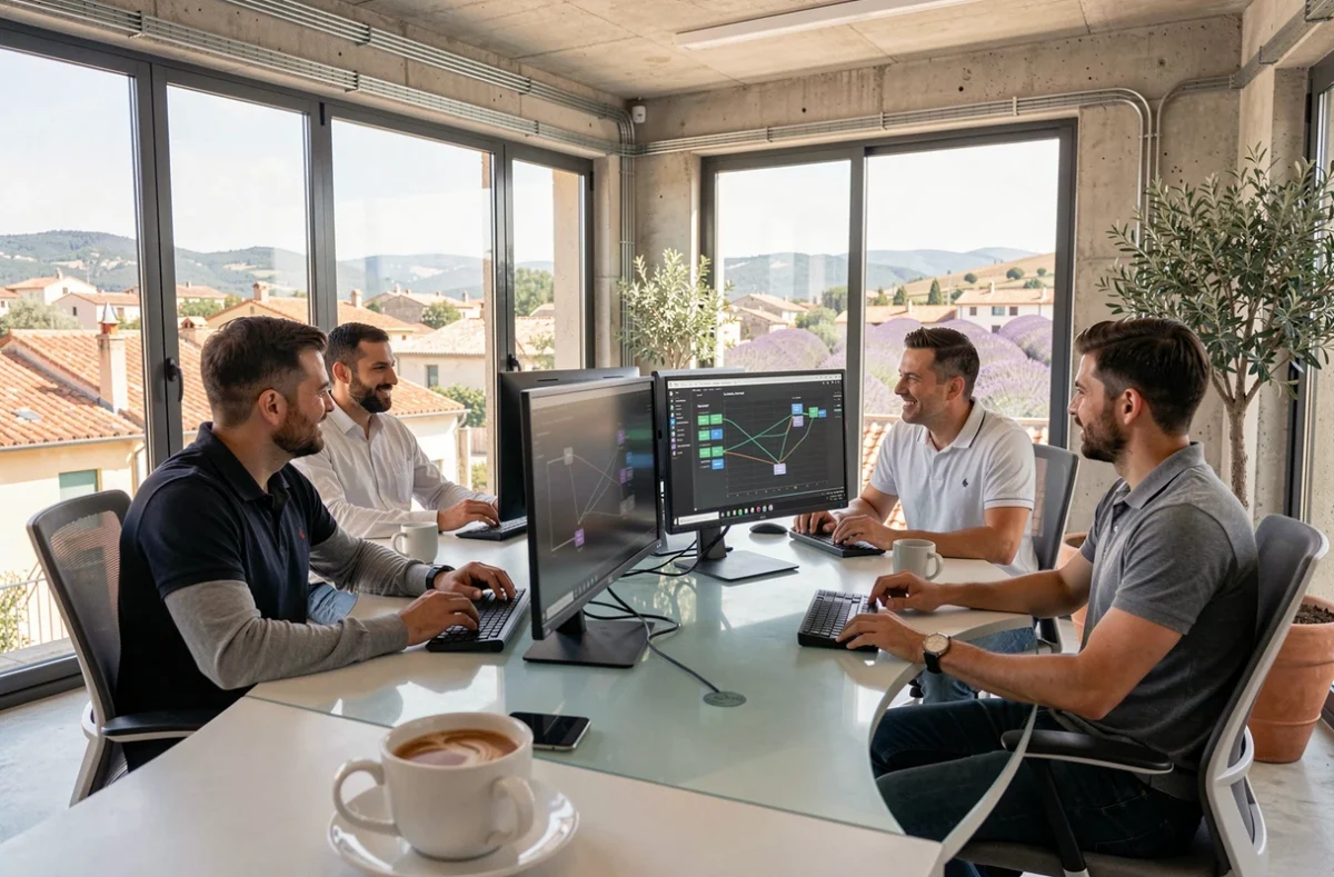 Équipe d'infogérance informatique dans un bureau moderne en Provence-Alpes-Côte d'Azur autour de tableaux de bord réseau