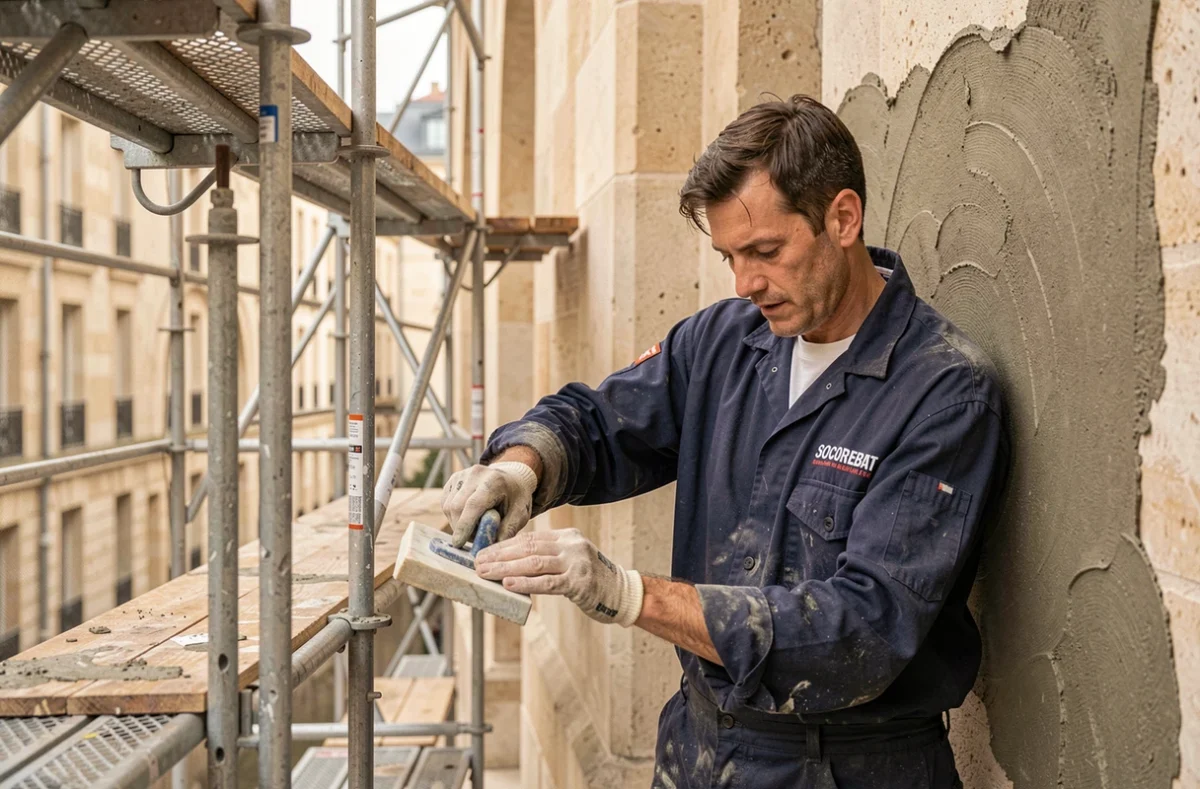 Artisan SOCOREBAT appliquant un enduit de ravalement sur une façade en pierre à Clichy avec une taloche traditionnelle