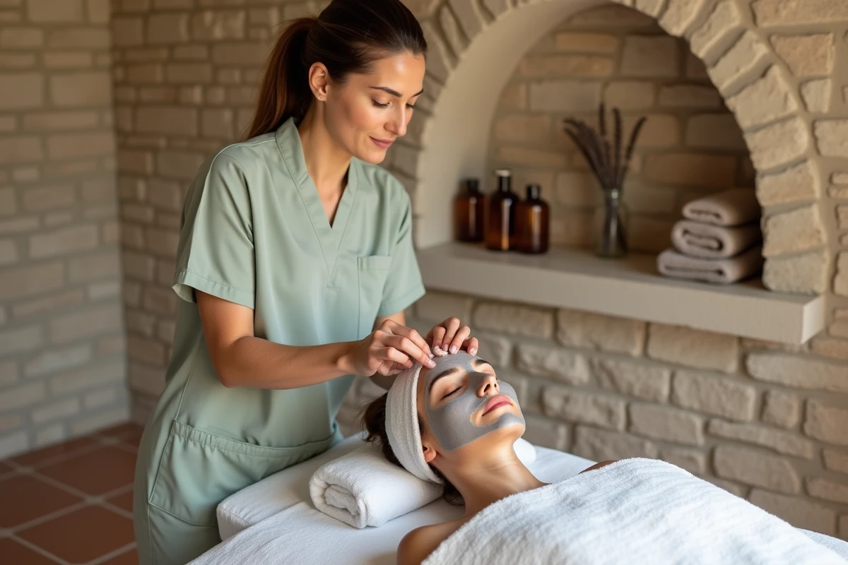 Esthéticienne appliquant un soin du visage sur une cliente dans un centre bien-être en Provence aux murs en pierre