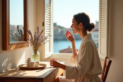 Femme appliquant un soin visage près d'une fenêtre ouverte sur la côte méditerranéenne, atmosphère wellness naturelle