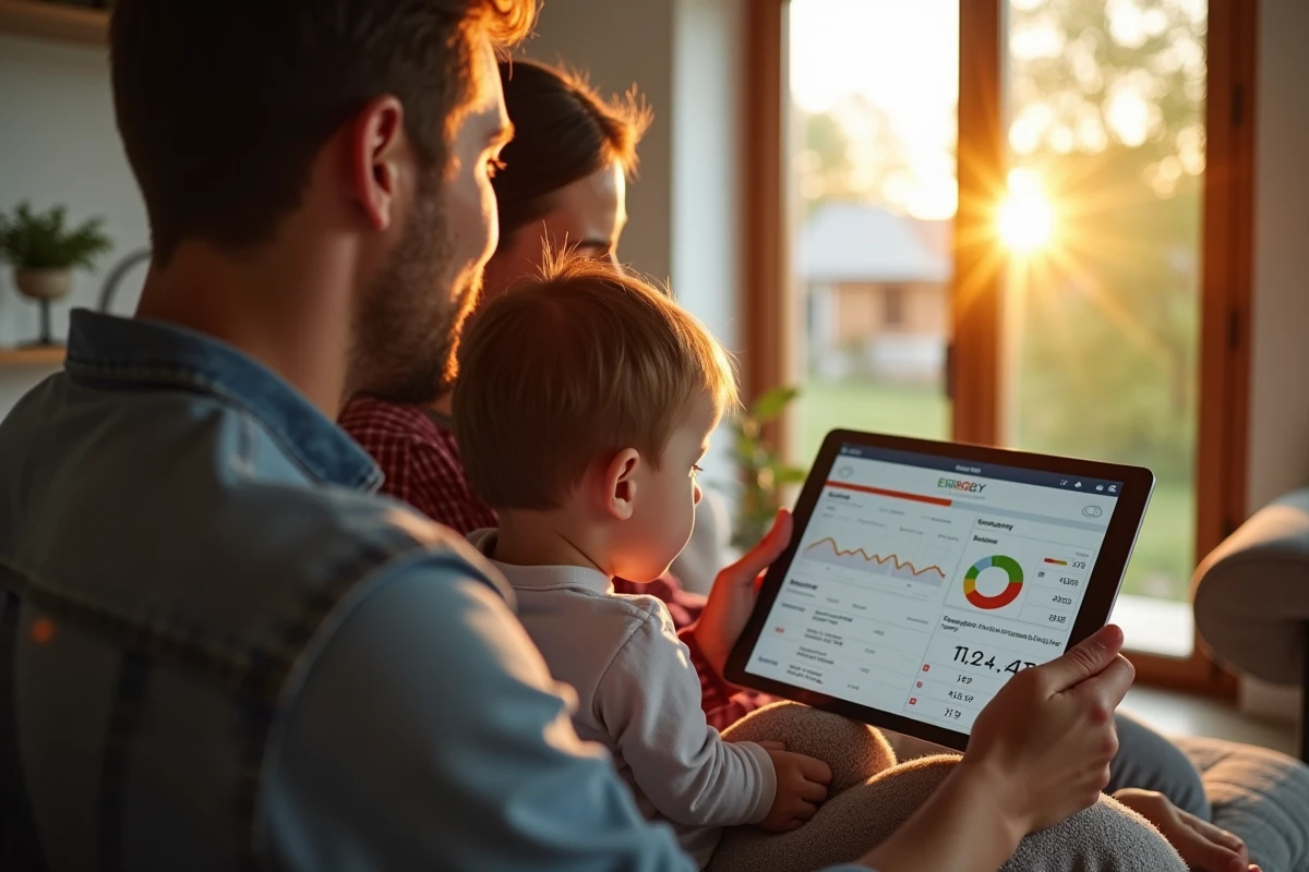 Famille consultant un tableau de bord d'énergie solaire sur tablette pour monitorer la production d'électricité