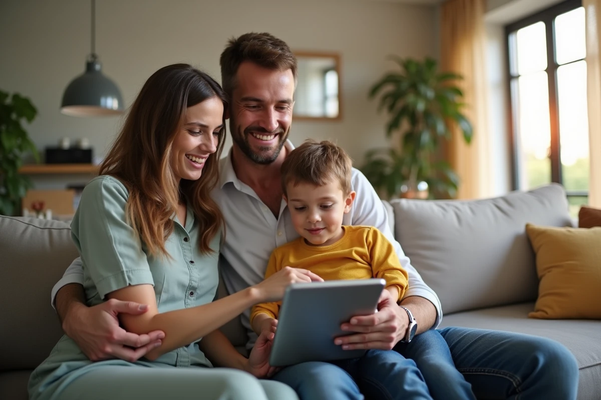 Famille consultando un dispositivo d'économie d'énergie solaire sur l'écran de contrôle domestique intelligent