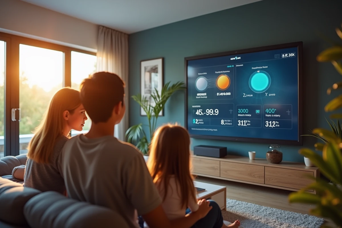 Famille consultant un écran de suivi de la production d'énergie solaire à domicile