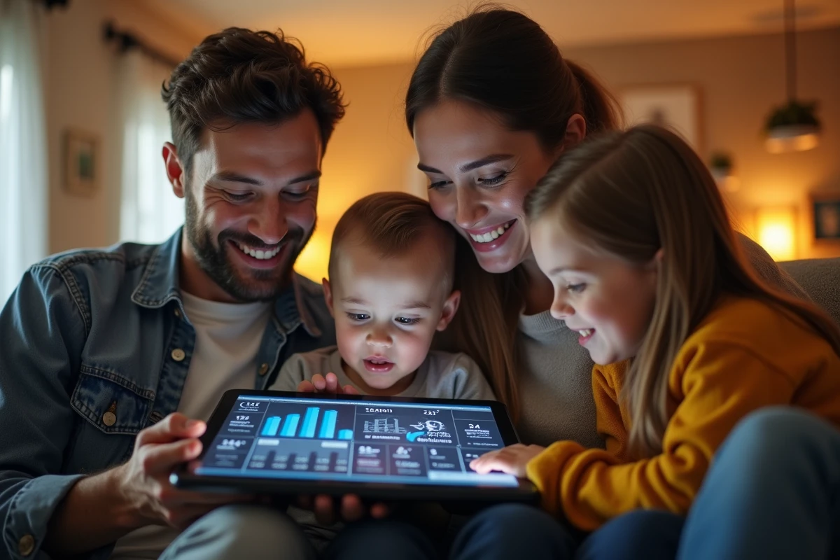Famille consultant un tableau de bord numérique pour monitoring la production d'énergie solaire à domicile