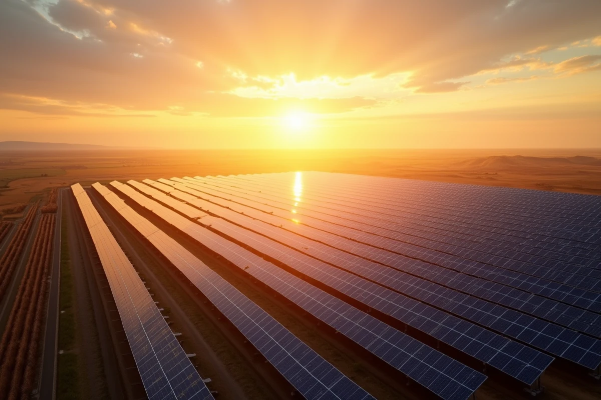 Ferme solaire à grande échelle avec des rangées de panneaux photovoltaïques s'étendant à l'horizon