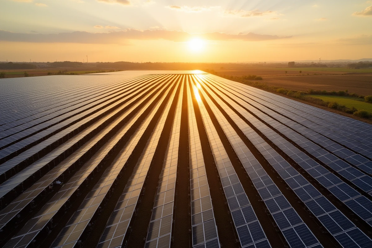 Vaste champ solaire avec plusieurs panneaux photovoltaïques alignés dans un paysage agricole