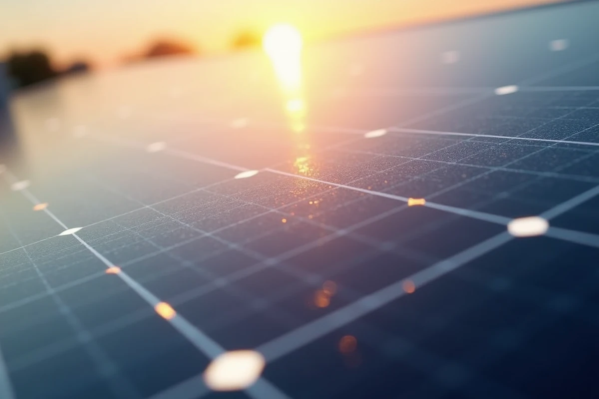 Gros plan sur des cellules de panneaux solaires photovoltaïques refléchissant la lumière du soleil