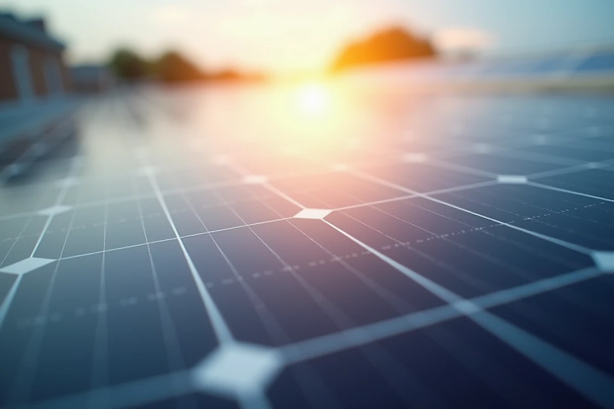 Gros plan détaillé des cellules photovoltaïques d'un panneau solaire reflétant la lumière du soleil