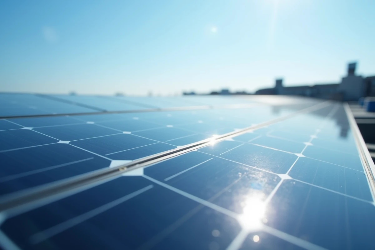 Gros plan détaillé des panneaux solaires photovoltaïques avec réflexion du soleil