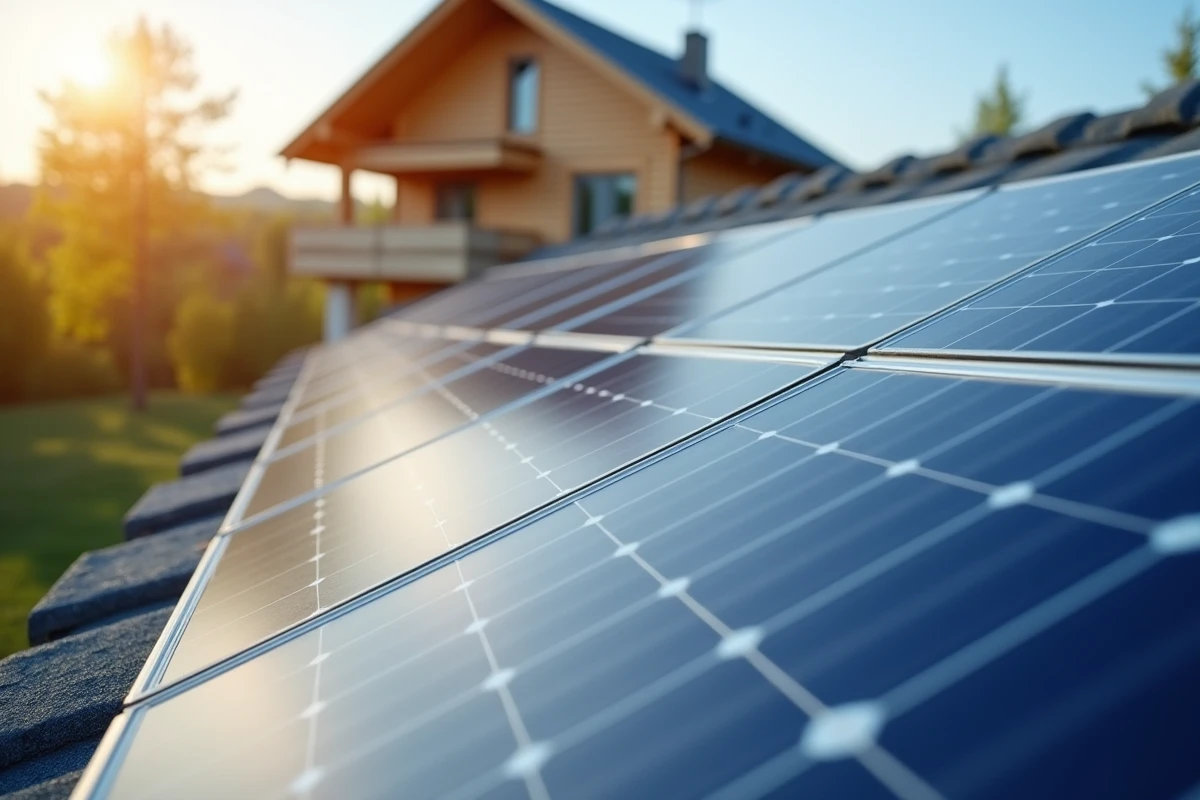 Gros plan des panneaux solaires photovoltaïques avec la lumière du soleil qui se reflète sur les cellules bleues