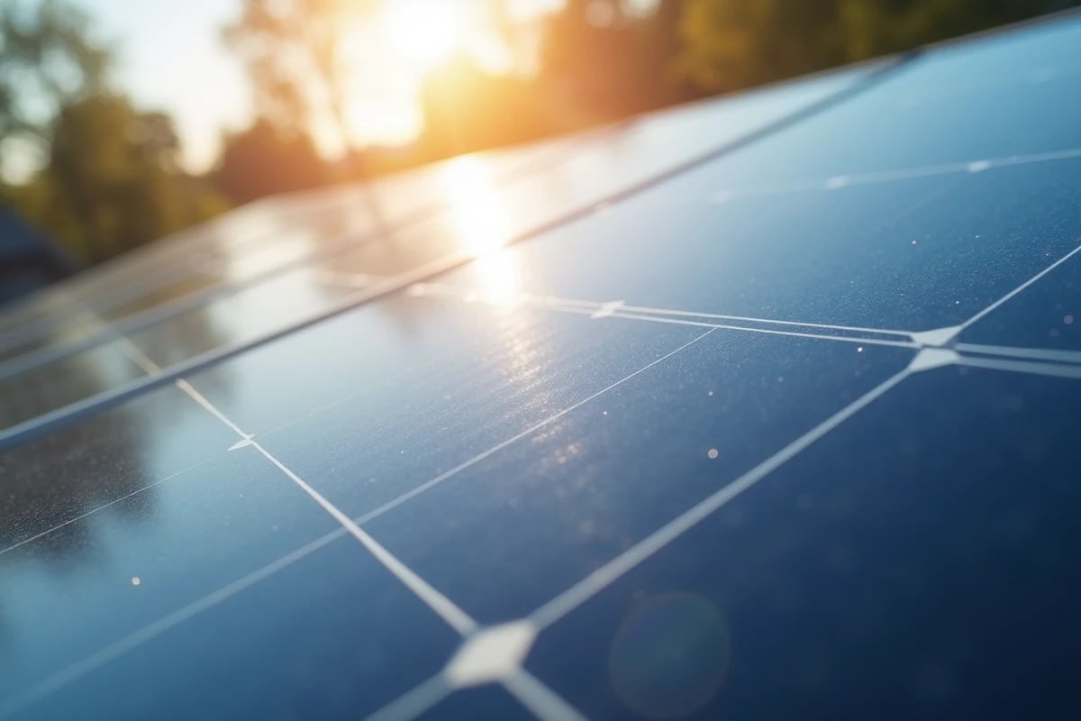 Gros plan sur des panneaux solaires avec reflet du soleil montrant les cellules photovoltaïques et la technologie verte