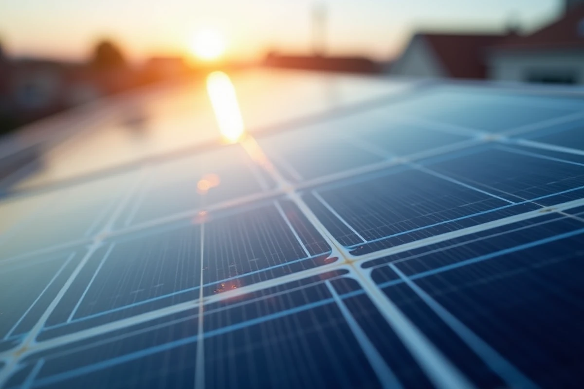 Gros plan de panneaux solaires bleus en détail montrant les cellules photovoltaïques et la réflexion du soleil