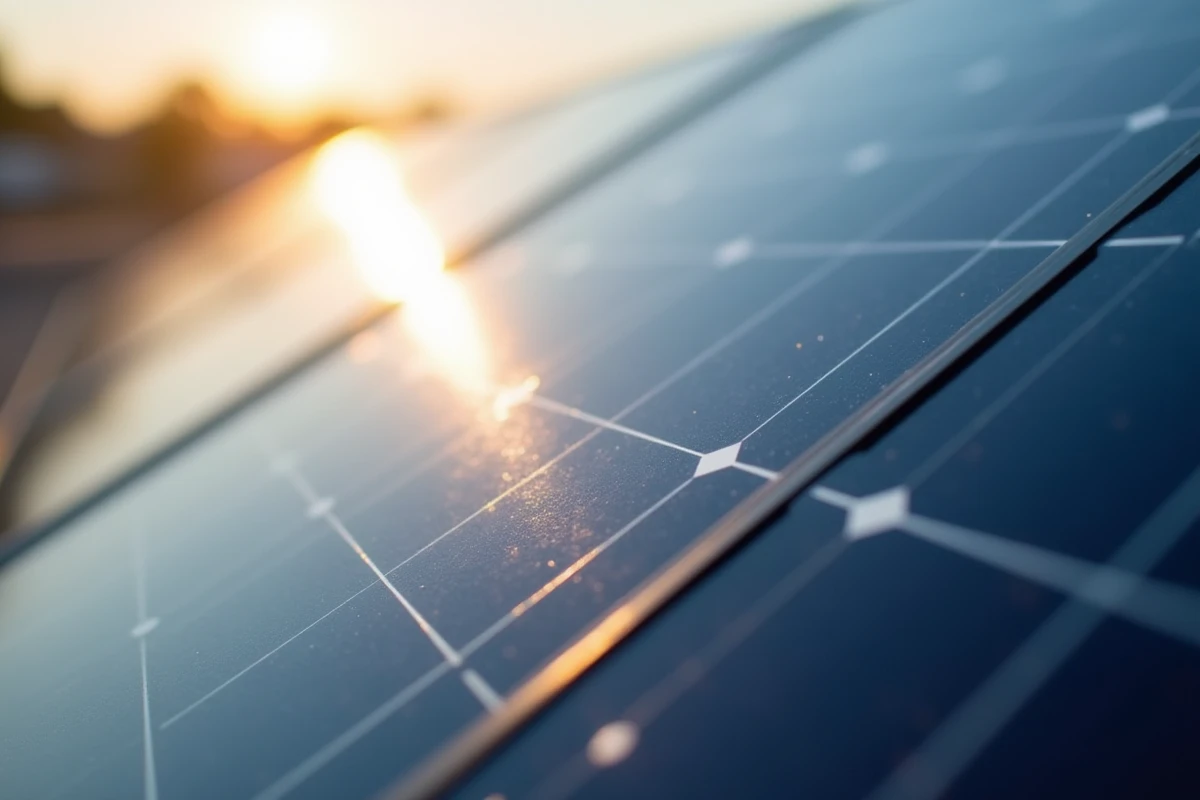 Gros plan d'un panneau solaire avec reflet du soleil sur les cellules photovoltaïques