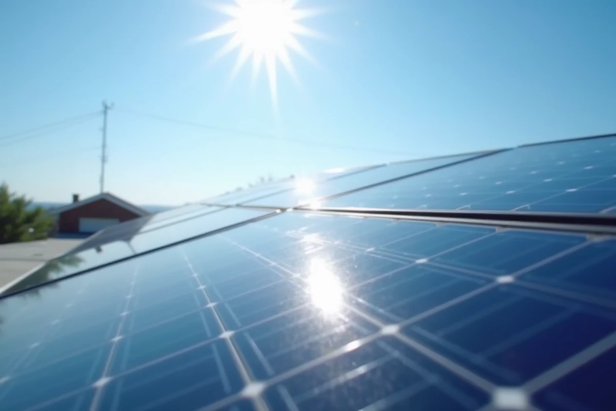 Gros plan de panneaux solaires sur toit avec reflet du soleil et ciel bleu