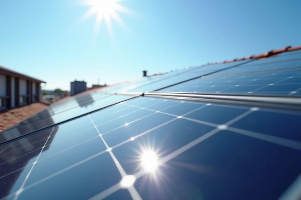 Gros plan de panneaux solaires résidentiels avec reflet du soleil sur les cellules photovoltaïques