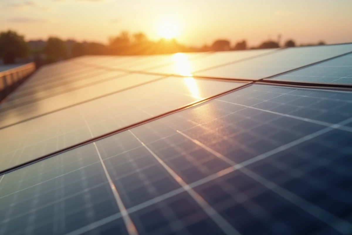 Gros plan de panneaux solaires photovoltaïques avec reflets de lumière solaire intense