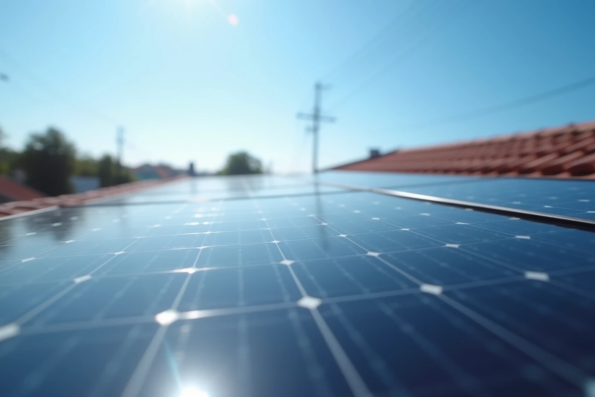 Panneaux solaires photovoltaïques en gros plan sur toiture résidentielle avec réflexion du soleil et ciel bleu