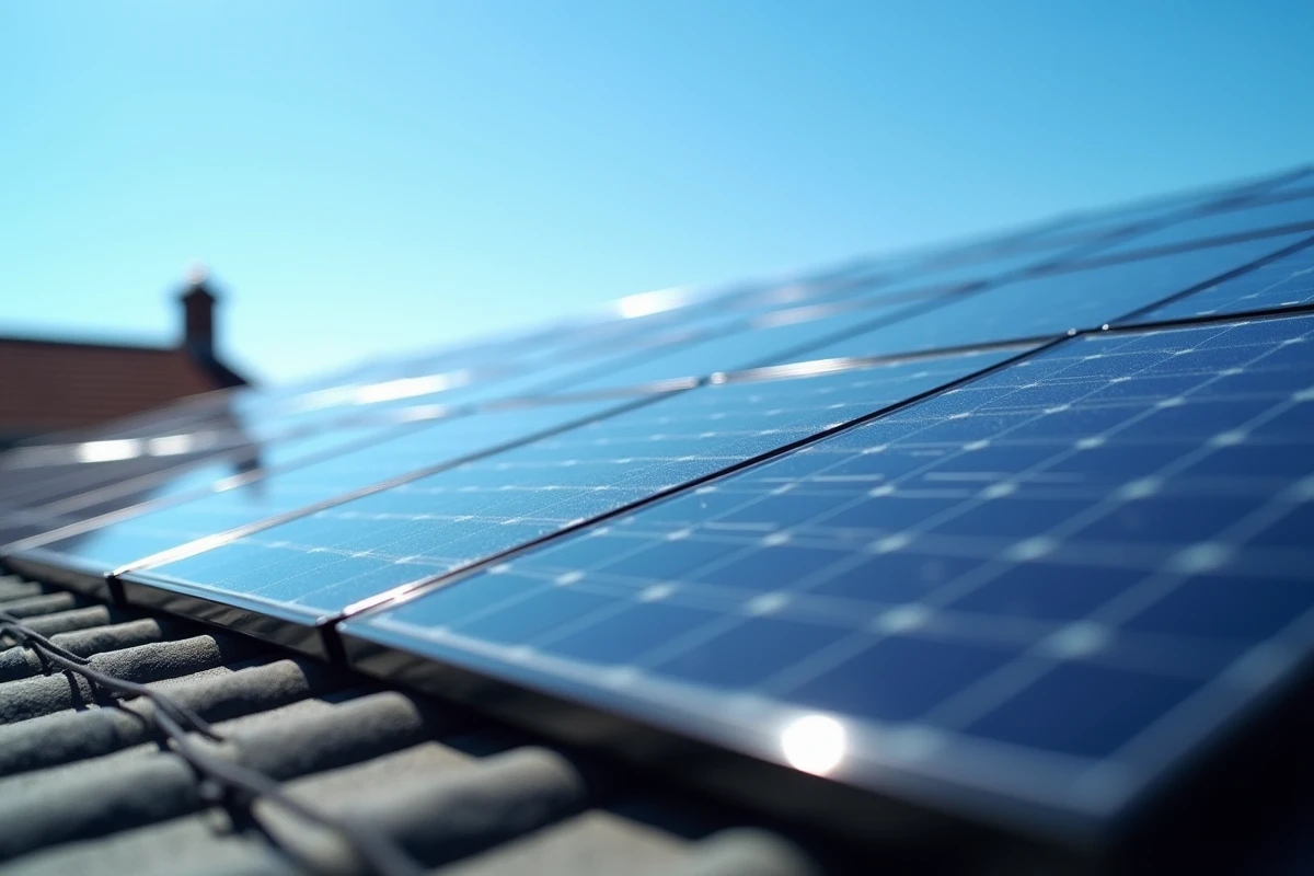 Gros plan de panneaux solaires photovoltaïques installés sur une maison avec ciel bleu