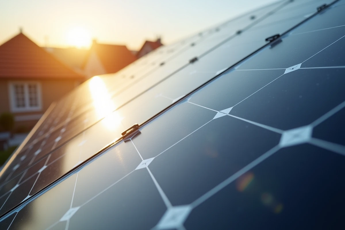 Détail de panneaux solaires photovoltaïques captant la lumière du soleil sur une habitation