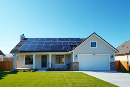 Maison moderne avec panneaux solaires photovoltaïques installés sur le toit par beau temps ensoleillé