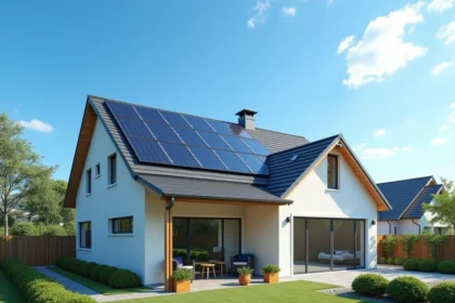 Maison moderne avec panneaux solaires photovoltaïques installés sur le toit par temps ensoleillé
