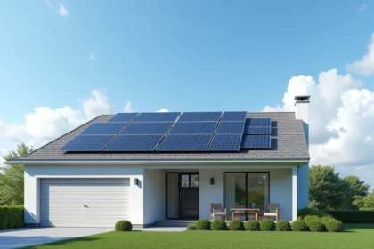 Maison moderne avec panneaux solaires installés sur le toit sous un ciel ensoleillé