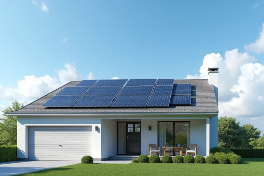 Maison moderne avec panneaux solaires installés sur le toit sous un ciel ensoleillé