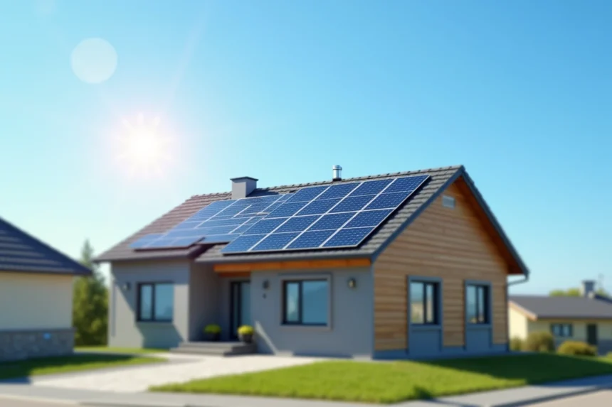Maison résidentielle équipée de panneaux solaires photovoltaïques sur le toit exposés au soleil