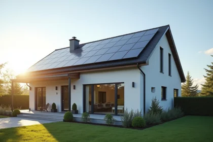 Maison moderne avec panneaux solaires sur le toit exposée au soleil