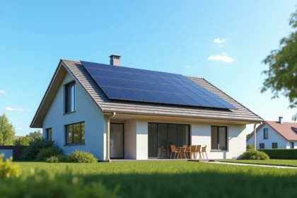 Maison moderne avec panneaux solaires sur le toit en plein soleil