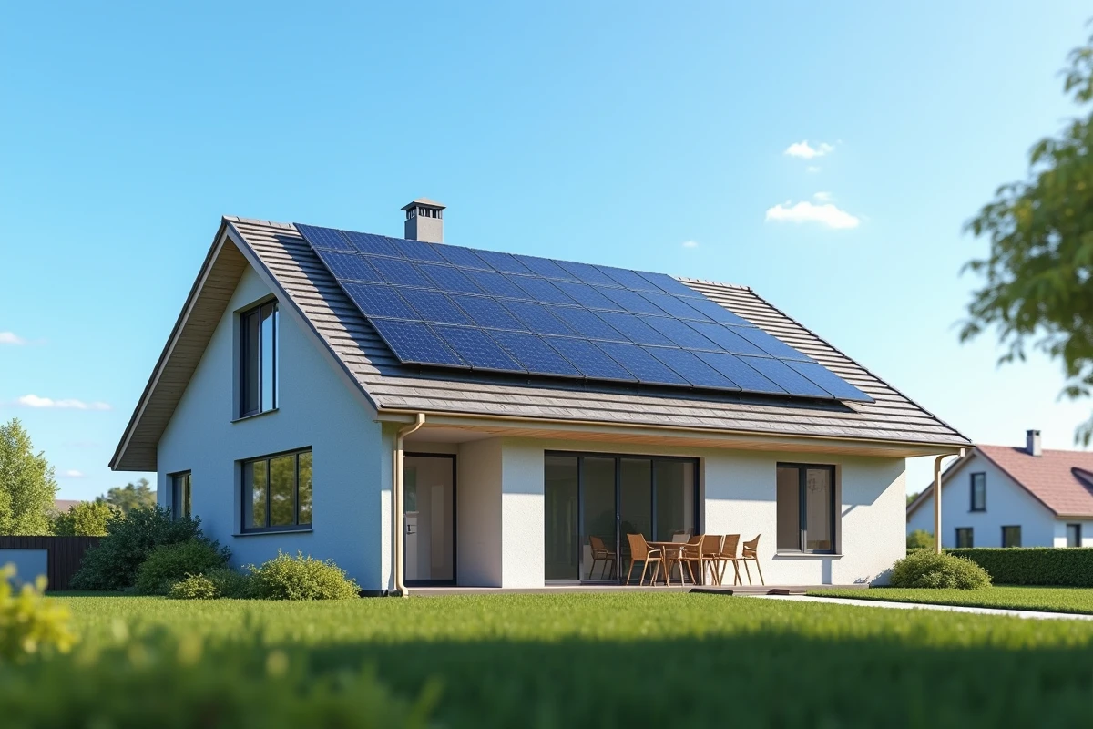 Maison moderne avec panneaux solaires sur le toit en plein soleil