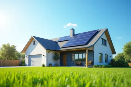 Maison résidentielle avec panneaux solaires modernes installés sur le toit par une journée ensoleillée