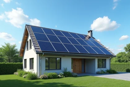 Maison résidentielle moderne équipée de panneaux solaires sur le toit par une journée ensoleillée