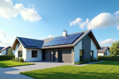 Maison moderne avec panneaux solaires sur le toit exposés au soleil