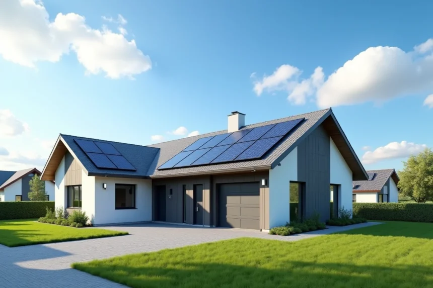 Maison moderne avec panneaux solaires sur le toit exposés au soleil